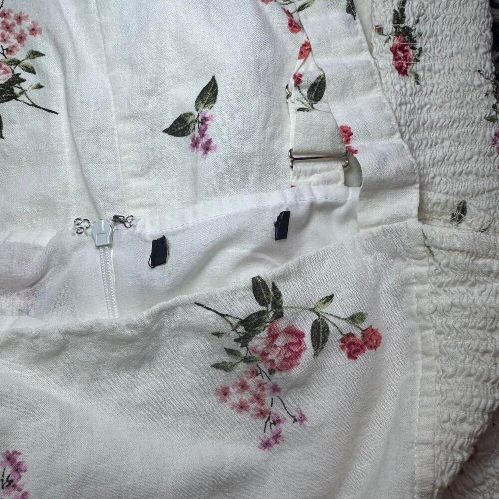 White Rose Pattern Floral Mini Dress with Adjustable Straps and Side Smocking - Picture 6 of 6